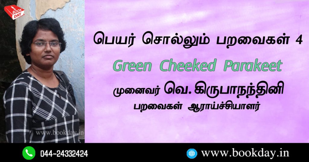Green Cheeked Parakeet Name Telling Birds Series Article by V Kirubhanandhini. Book Day Website is Branch of Bharathi Puthakayalam.